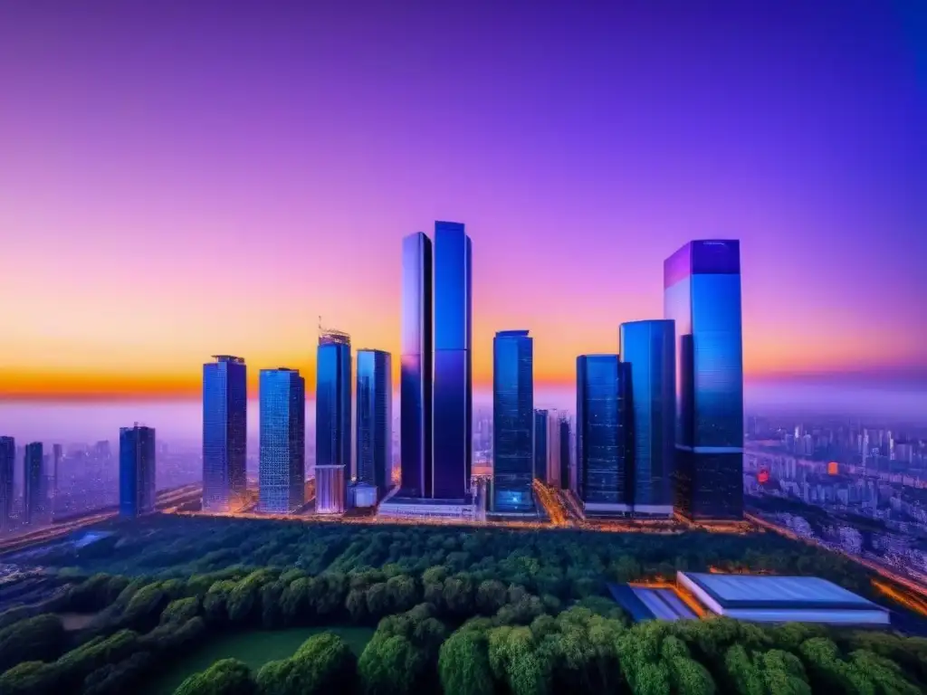 Inversiones PropTech: Ciudad futurista al anochecer Un paisaje urbano futurista al anochecer, con rascacielos elegantes y tecnología inteligente