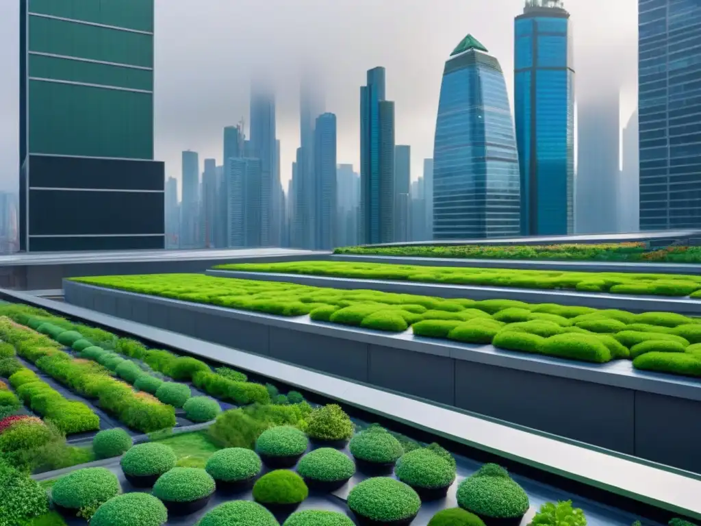 Metrópolis futurista: jardines en las alturas Un paisaje urbano futurista con rascacielos y techos verdes en inmobiliaria internacional