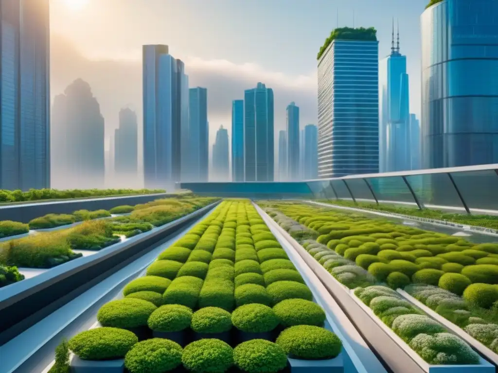 Metrópolis futurista ecoamigable con jardines en azoteas Un paisaje urbano futurista con rascacielos modernos y techos verdes, reflejando sostenibilidad e innovación