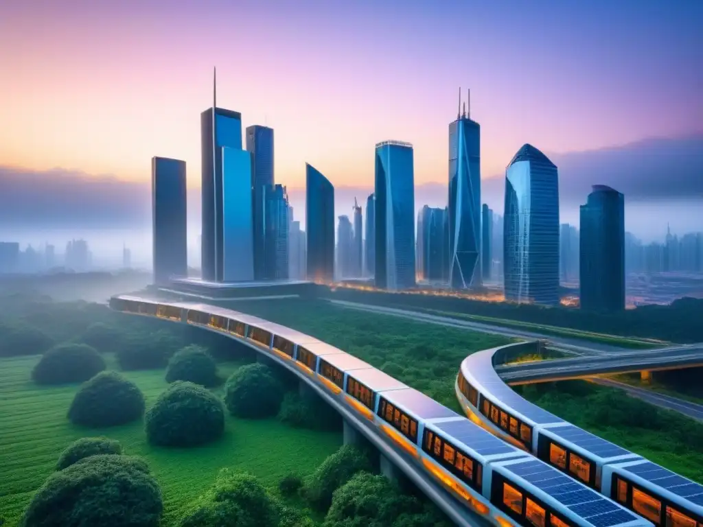 Metrópolis futurista sostenible: naturaleza y tecnología en armonía Un paisaje urbano futurista al anochecer, con rascacielos modernos y espacios verdes integrados, transporte eficiente y una iluminación armoniosa