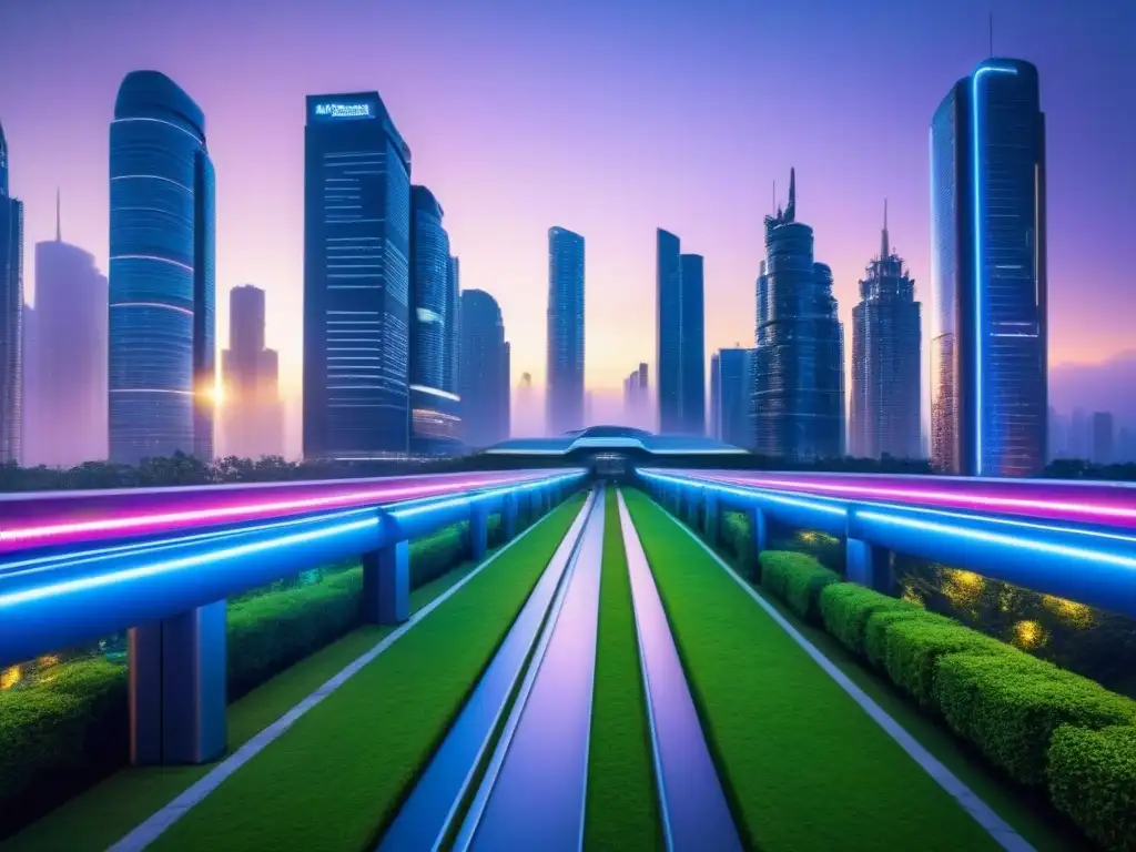 Metrópolis futurista: luces neón y naturaleza en armonía Un paisaje urbano futurista al anochecer, con rascacielos iluminados por luces neón