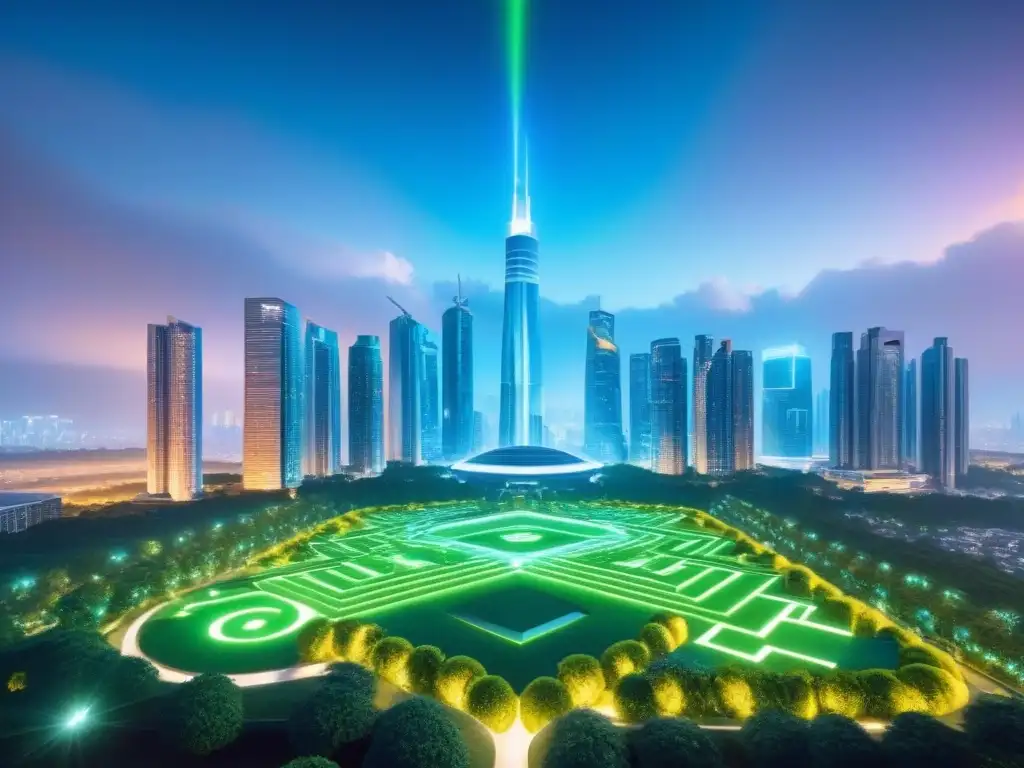 Metrópolis futurista: fusión de criptomonedas y bienes raíces Un paisaje urbano futurista con rascacielos, parques verdes y edificios modernos