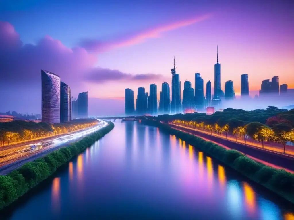 Metrópolis futurista: innovación y armonía urbana al anochecer Un paisaje urbano futurista al anochecer, con rascacielos elegantes y drones en el cielo, reflejándose en un río sereno