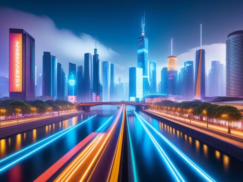 Metrópolis futurista: luces neón y hologramas en la noche Un paisaje urbano futurista en 8k con rascacielos iluminados y vehículos autónomos en calles brillantes