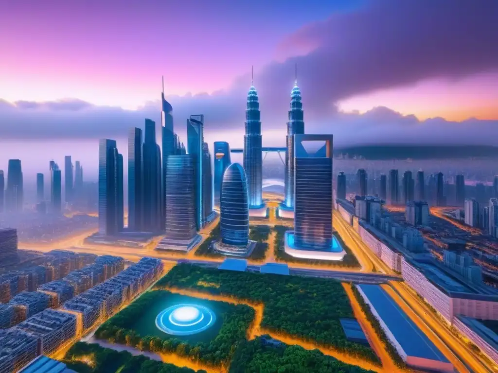 Metrópolis futurista: arquitectura avanzada y tecnología en armonía Un paisaje urbano futurista con rascacielos avanzados, tecnología y naturaleza en armonía