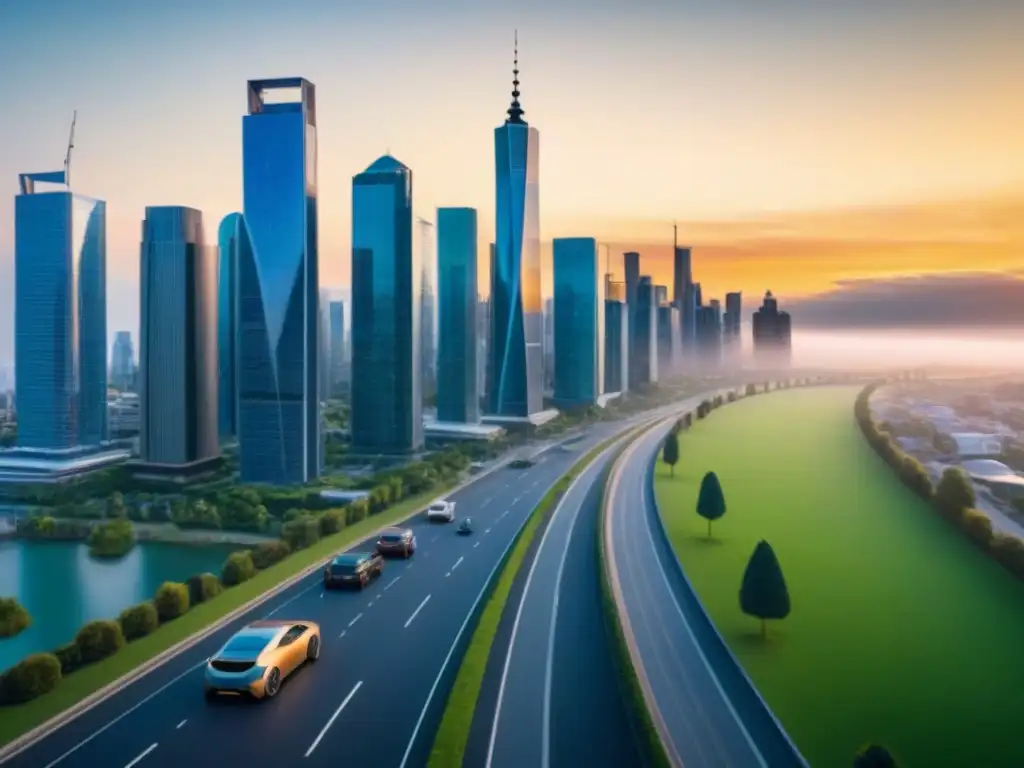 Futuro sostenible: ciudad futurista y diversa Un paisaje urbano futurista con rascacielos y espacios verdes, reflejando innovación y sostenibilidad