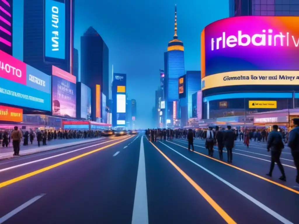 Metrópolis futurista: luces neón, vehículos autónomos y oportunidades de inversión Un paisaje urbano futurista al anochecer, con rascacielos elegantes e innovadores iluminados por luces neón vibrantes