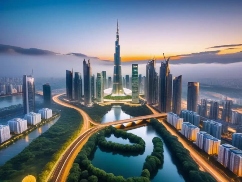 Metrópolis futurista: fusión de naturaleza y tecnología Un paisaje urbano futurista con rascacielos, puentes y vegetación, simbolizando la fusión de naturaleza y tecnología en la ciudad
