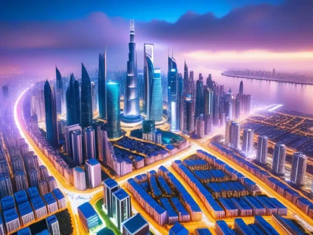 Metrópolis futurista: luces y modernidad en inversión inmobiliaria Un paisaje urbano futurista con rascacielos, calles llenas de vehículos tecnológicos y una infraestructura avanzada