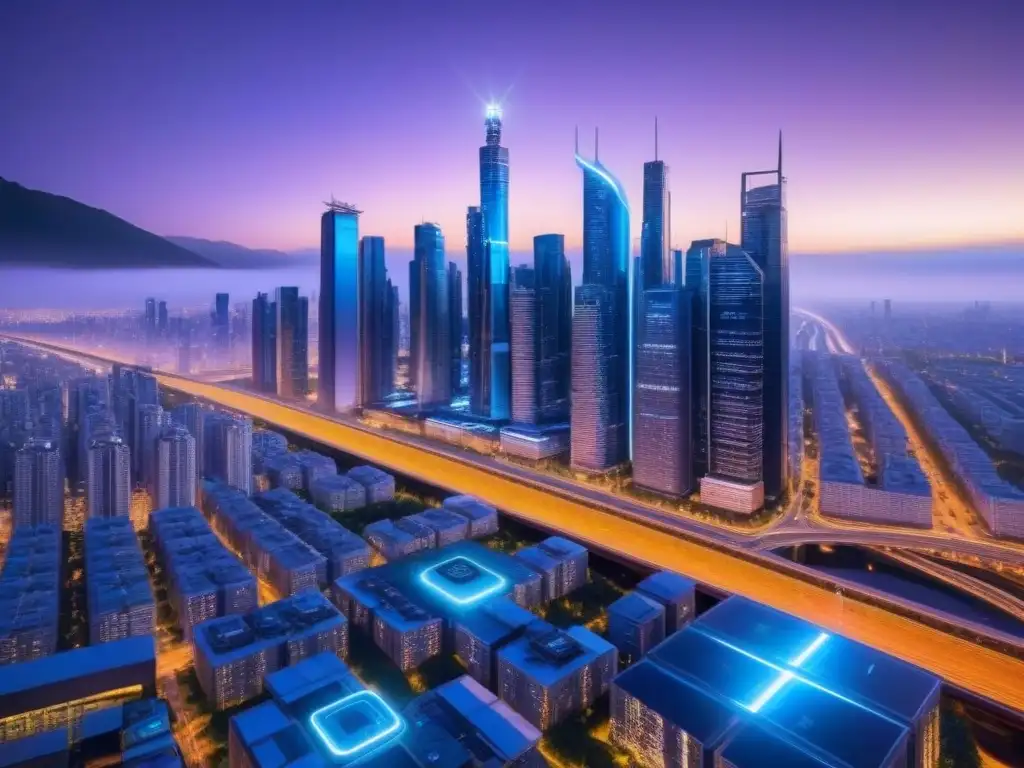 Metrópolis del Futuro: PropTech y Sostenibilidad en la Noche Un paisaje urbano futurista con rascacielos elegantes integrando tecnología PropTech emergente en los mercados inmobiliarios