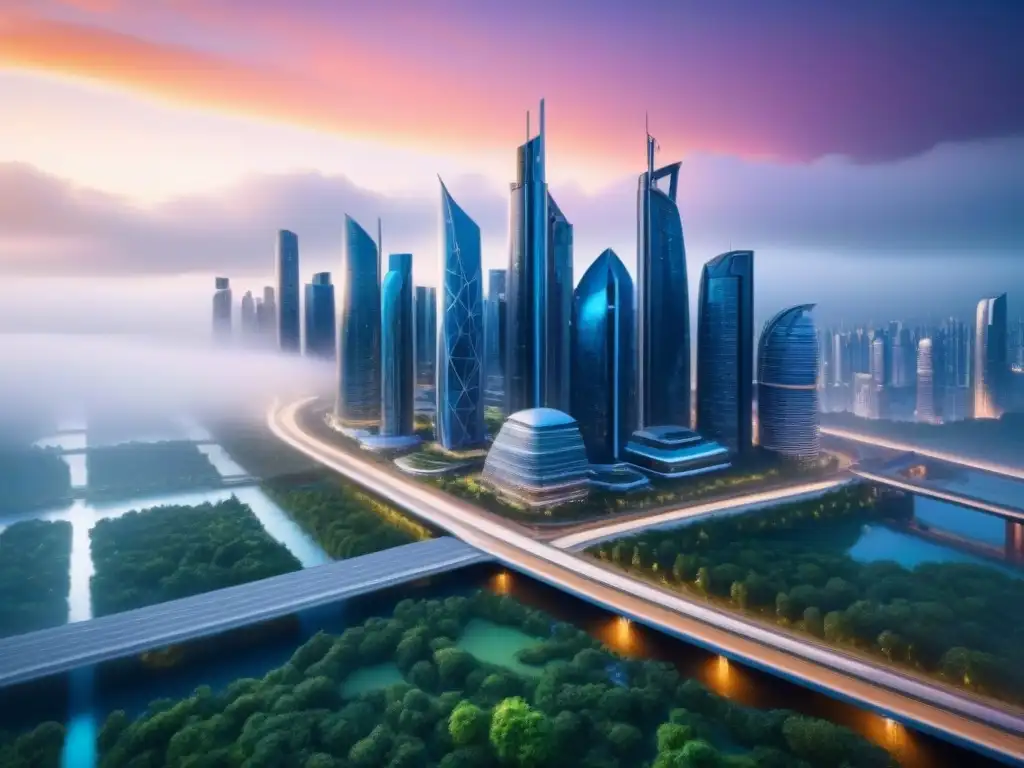 Metrópolis futurista con tecnologías PropTech avanzadas Un paisaje urbano futurista con rascacielos modernos y tecnologías PropTech integradas, mostrando oportunidades de inversión en PropTech