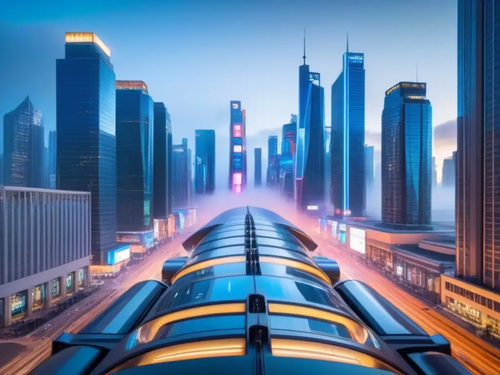 Futurismo urbano: metrópolis de cristal y acero Un paisaje urbano futurista con rascacielos de cristal y acero brillante, calles llenas de gente de diversas culturas