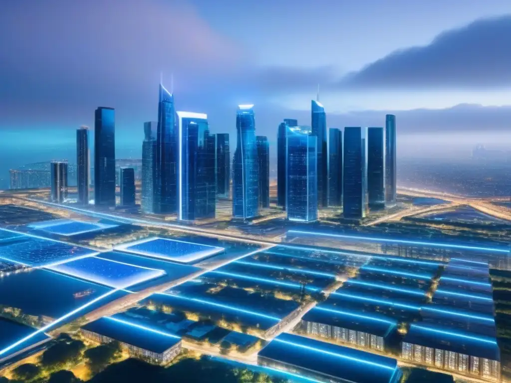 Metrópolis futurista: Real Estate en la era digital Un paisaje urbano futurista con rascacielos y tecnología avanzada, reflejando la minería de datos en el mercado inmobiliario