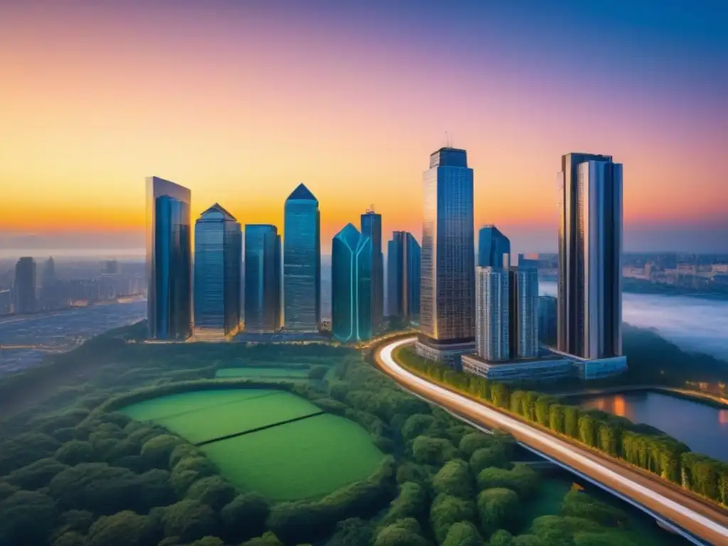 Metrópolis futurista: oportunidades de inversión en bienes raíces Un paisaje urbano futurista con rascacielos que representan distintos tipos de inversión inmobiliaria en mercados internacionales