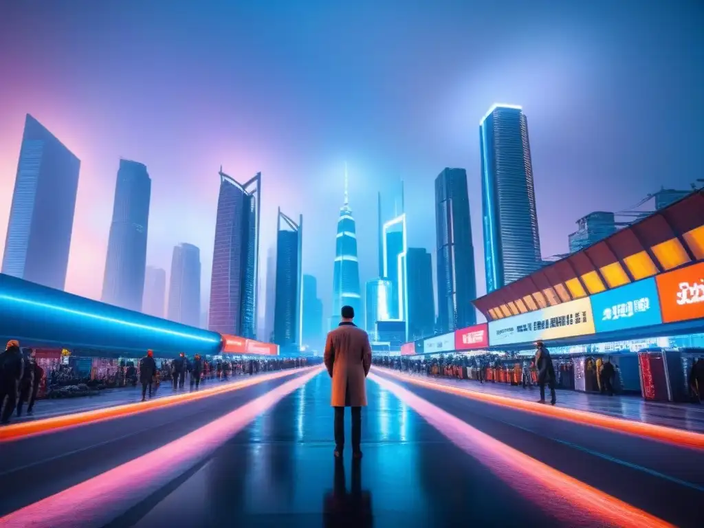 Futurista ciudad con rascacielos y tecnología avanzada Un paisaje urbano futurista con rascacielos iluminados por luces de neón, reflejando innovación en el mercado inmobiliario