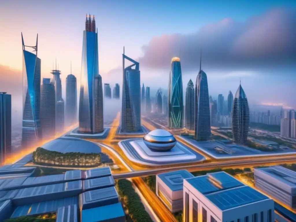 Metrópolis futurista: real estate innovador y tecnología avanzada Un paisaje urbano futurista con rascacielos elegantes y tecnología avanzada integrada en la arquitectura