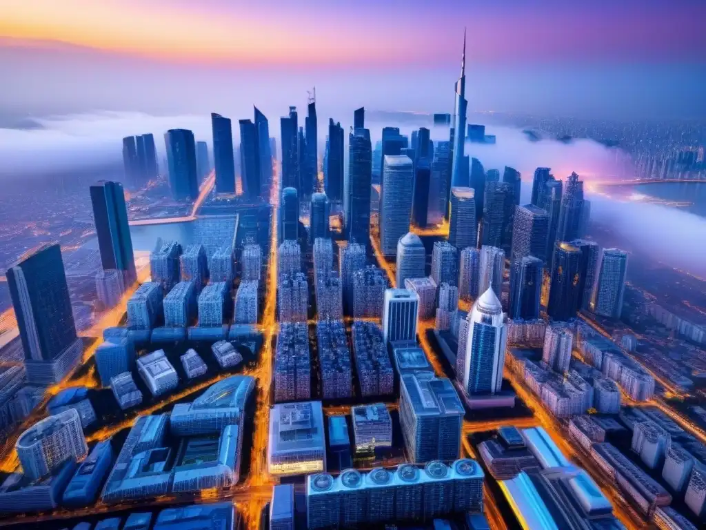 Metrópolis futurista: torres relucientes y vida urbana vibrante Un paisaje urbano futurista con rascacielos elegantes y calles llenas de vida