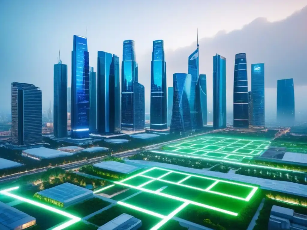 Metrópolis futurista: inversión inmobiliaria con tecnología avanzada Un paisaje urbano futurista con rascacielos y tecnología avanzada integrada, mostrando análisis predictivo inversiones inmobiliarias