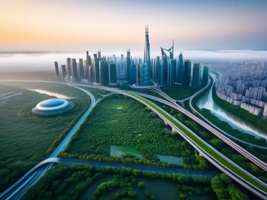 Vista aérea futurista: ciudad tecnológica integrada con la naturaleza Un paisaje urbano futurista con rascacielos, parques urbanos y sistemas de transporte eficientes, integrando tecnología y naturaleza