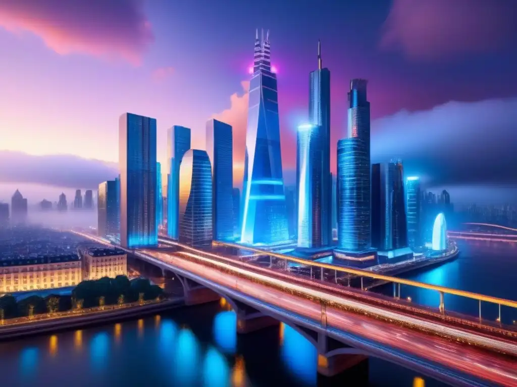 Metrópolis futurista: fusión arquitectónica entre pasado y futuro Un paisaje urbano futurista con rascacielos interconectados por puentes modernos, reflejando una fusión arquitectónica única