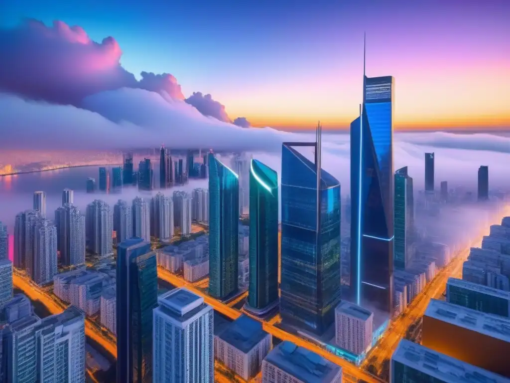 Metropolis futurista: megafusiones inmobiliarias Un paisaje urbano futurista con rascacielos interconectados por pasarelas de vidrio, iluminados por luces de neón vibrantes