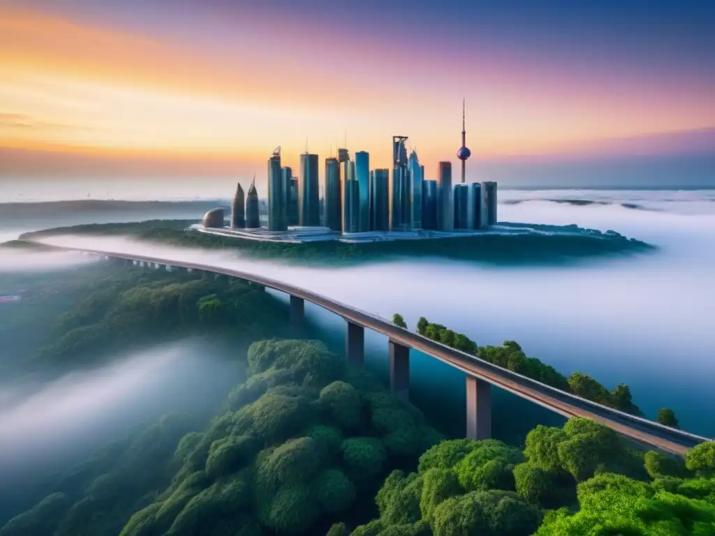 Metrópolis futurista: arquitectura moderna y naturaleza en armonía Un paisaje urbano futurista con rascacielos relucientes y puentes elevados interconectados, bañado por la luz del sol poniente, simboliza el liderazgo en mercado inmobiliario postfusión