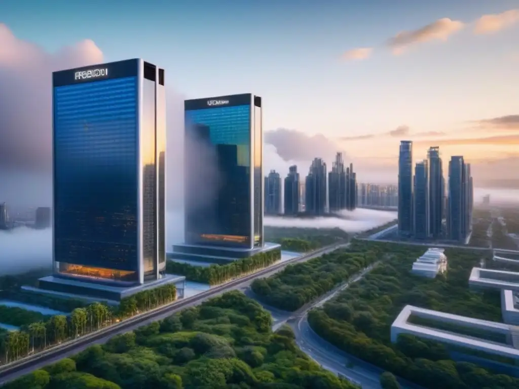 Metrópolis futurista: fusión tecnología y arquitectura Un paisaje urbano futurista con rascacielos interconectados, pantallas digitales avanzadas y vegetación integrada en la arquitectura, simbolizando la fusión de la tecnología y la experiencia humana en fusiones y adquisiciones inmobiliarias del futuro