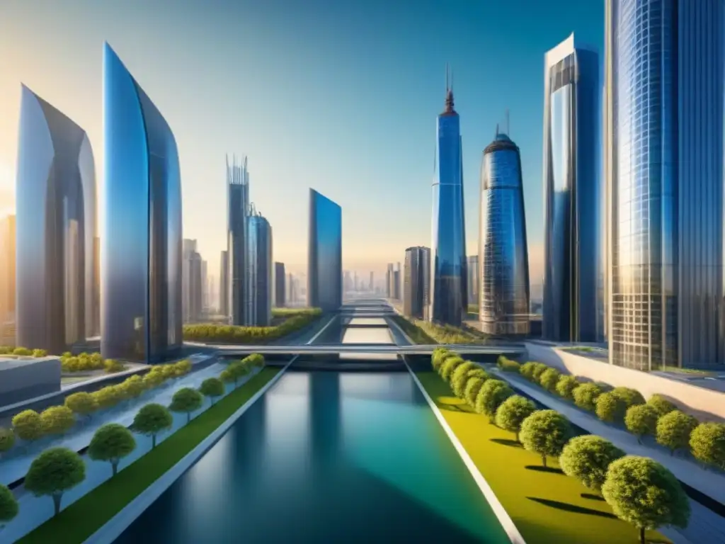 Metrópolis futurista: fusión arquitectónica y tecnológica en el atardecer Un paisaje urbano futurista con rascacielos interconectados por pasarelas transparentes, reflejando sinergias postfusión mercado inmobiliario internacional