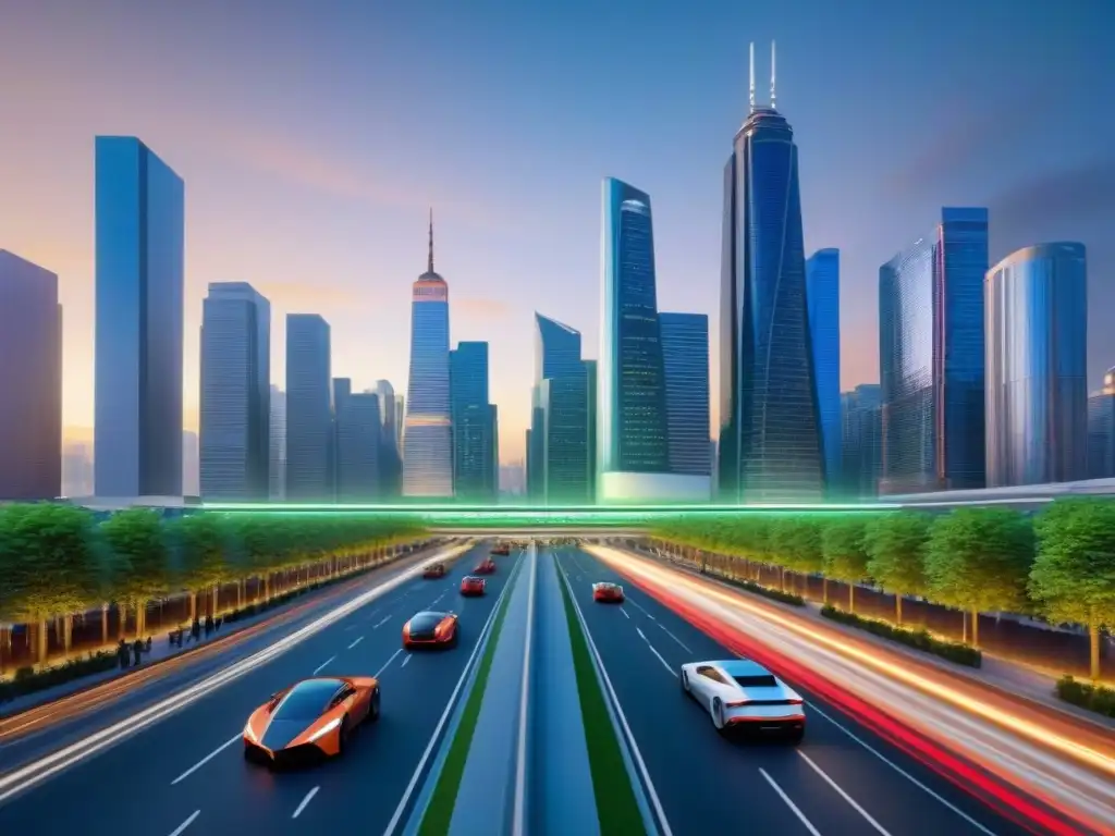 Futurista ciudad 8k: rascacielos innovadores y tecnología avanzada Un paisaje urbano futurista con rascacielos innovadores y calles animadas, simbolizando la fusión en el futuro mercado inmobiliario internacional