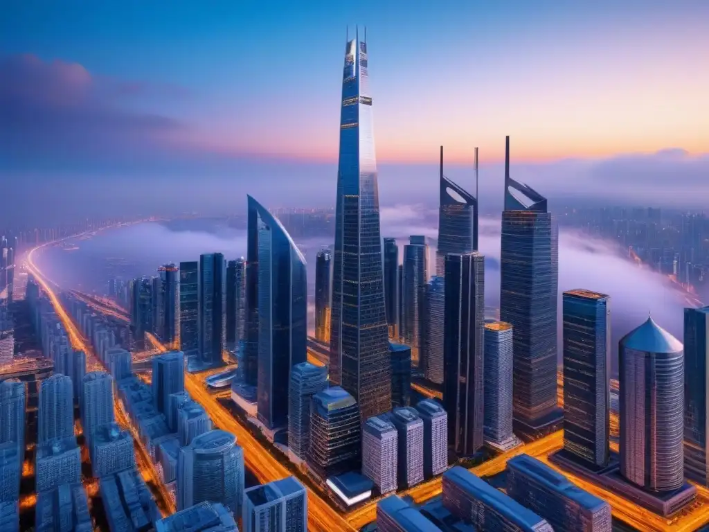 Horizonte futurista: ciudad de rascacielos y tecnología avanzada Un paisaje urbano futurista con rascacielos imponentes y diseño arquitectónico avanzado en fusión con la naturaleza