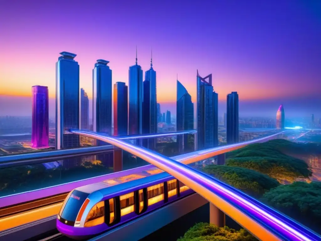 Metrópolis futurista: rascacielos de cristal, luces neón y monorraíles Un paisaje urbano futurista con rascacielos imponentes, luces neón y diseño innovador
