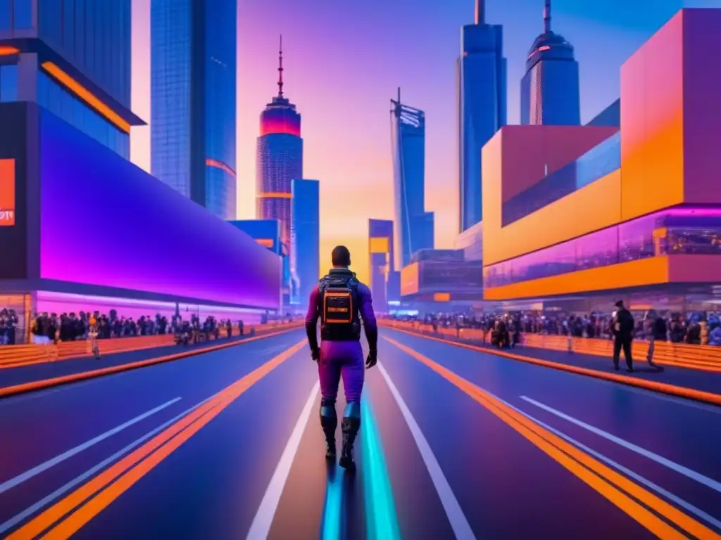 Metrópolis futurista: innovación y globalización en la era de megafusiones Un paisaje urbano futurista con rascacielos interconectados por pasarelas de vidrio, reflejando un cielo al atardecer lleno de tonos naranjas y morados