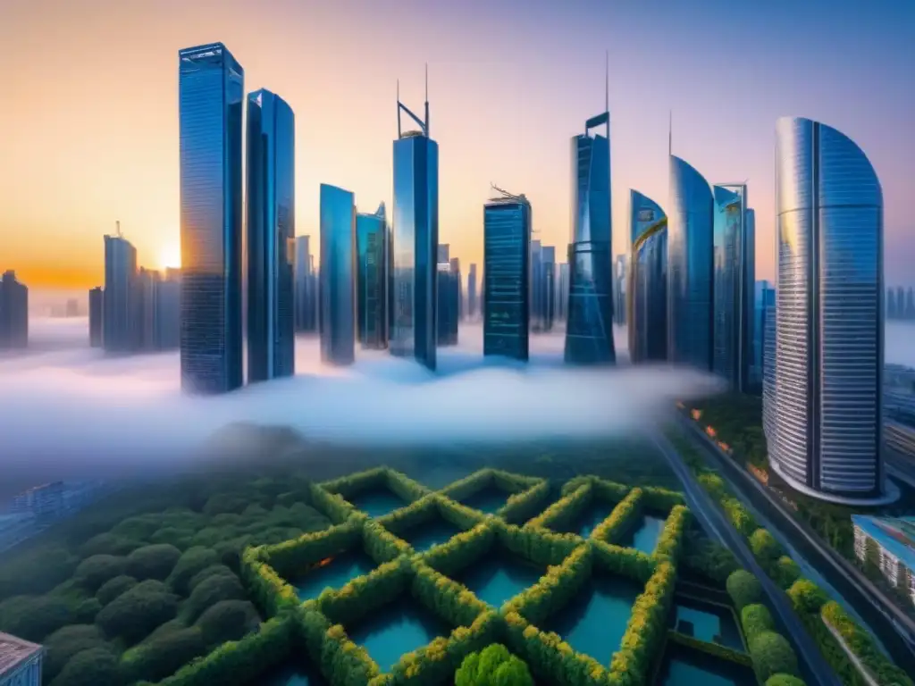 Metrópolis futurista: progreso, innovación y diversidad urbana Un paisaje urbano futurista con rascacielos, naturaleza y diversidad, reflejando el impacto del envejecimiento en el mercado inmobiliario global