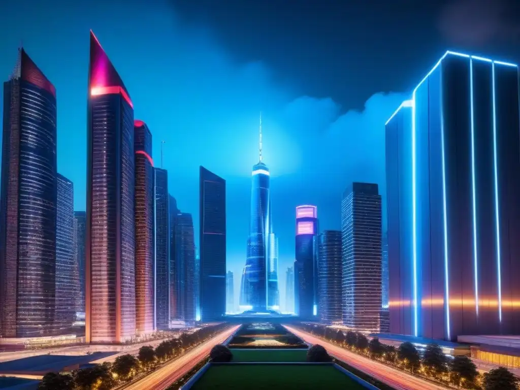 Fantástica ciudad futurista: tecnología avanzada en rascacielos brillantes Un paisaje urbano futurista con rascacielos elegantes, tecnología avanzada y luces neón vibrantes
