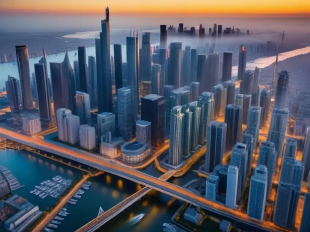 Metrópolis futurista: fusión de tecnología y urbanismo en 8k Un paisaje urbano futurista con rascacielos imponentes, puentes interconectados y una fusión de tecnología y vida urbana