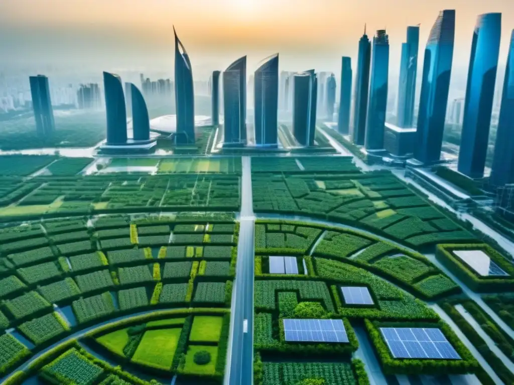 Metrópolis futurista: arquitectura innovadora y sostenible Un paisaje urbano futurista con rascacielos innovadores, espacios verdes y tecnología sostenible