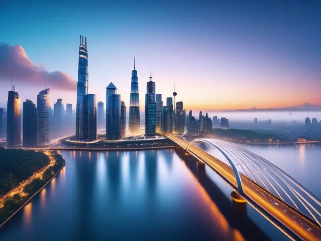 Metrópolis futurista: innovación y progreso en la arquitectura urbana Un paisaje urbano futurista en 8k con rascacielos interconectados por puentes, fusionando naturaleza y arquitectura moderna al amanecer