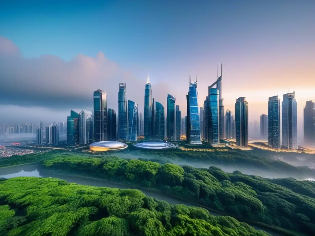 Metrópolis futurista: fusión de naturaleza y arquitectura innovadora Un paisaje urbano futurista con rascacielos y naturaleza, reflejando armonía entre lo moderno y lo natural