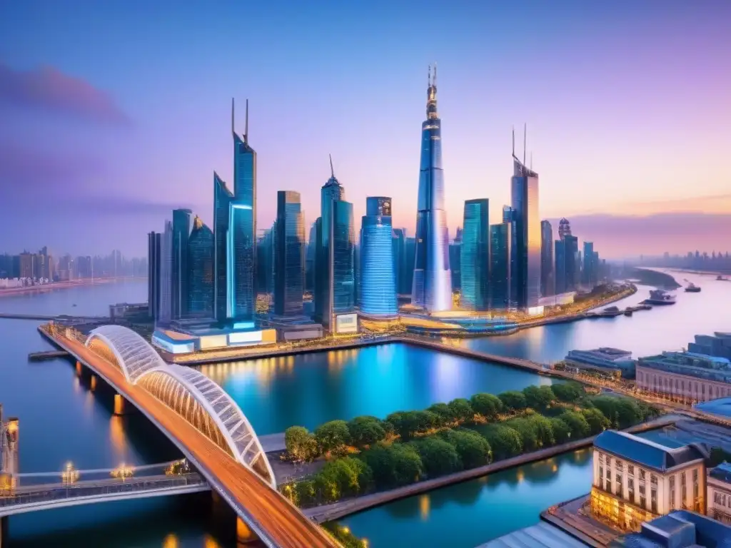 Metrópolis futurista: luces neón y arquitectura innovadora Un paisaje urbano futurista con rascacielos relucientes y luces neón, reflejados en un río tranquilo