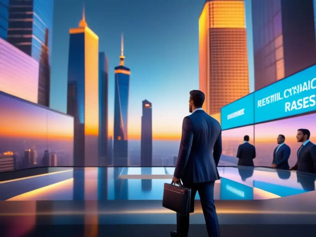 Metrópolis futurista 8k: Finanzas y mercados al atardecer Un paisaje urbano futurista con rascacielos brillantes y un mercado de divisas digital al atardecer