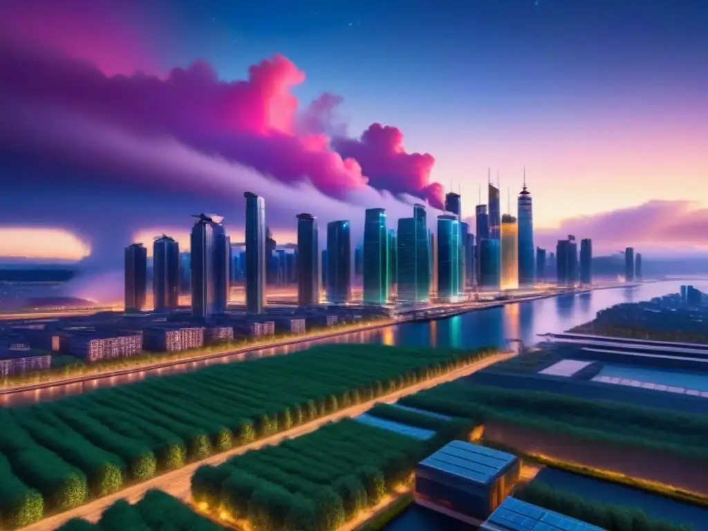 Futurismo nocturno: ciudad sostenible en neón Un paisaje urbano futurista con rascacielos iluminados por luces neón