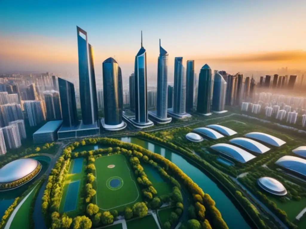 Horizonte futurista: rascacielos resilientes en armonía con la naturaleza Un paisaje urbano futurista con rascacielos resilientes rodeados de parques verdes, bajo la luz del atardecer