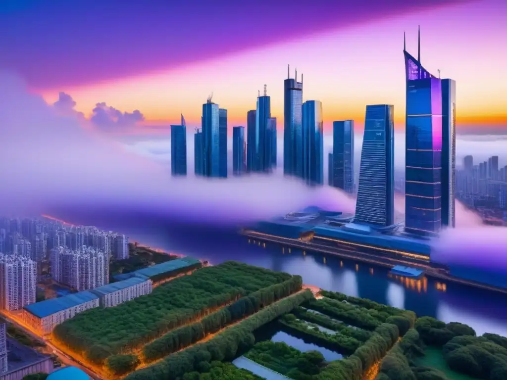 Futurismo urbano: Ciudad innovadora en 8k Un paisaje urbano futurista con rascacielos relucientes y naturaleza