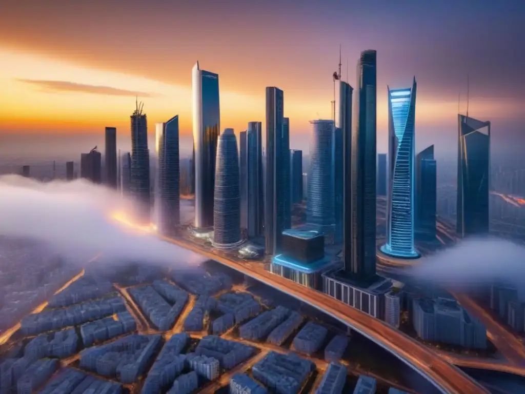 Skyline futurista 8k: inversión inmobiliaria global 2023 Un paisaje urbano futurista con rascacielos reflectantes bajo el sol dorado del atardecer