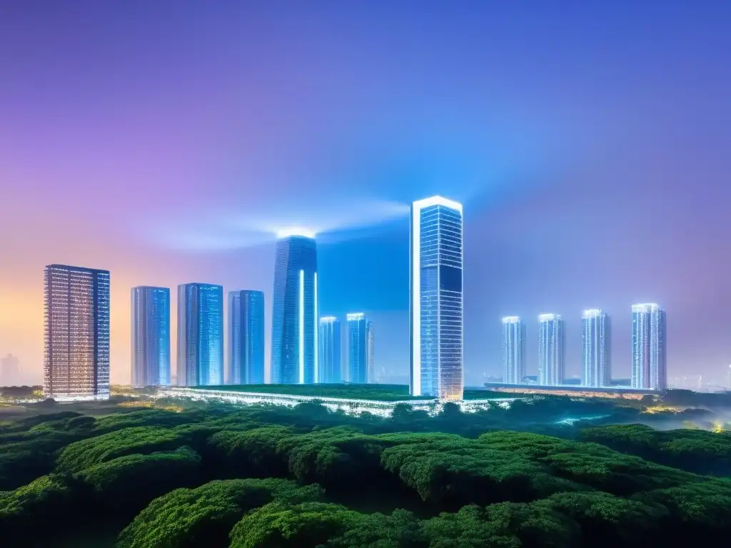 Metrópolis futurista: fusión de tecnología y naturaleza Un paisaje urbano futurista con rascacielos de vidrio y vegetación, iluminado por luces de neón, que muestra la integración armoniosa de la inteligencia artificial en el mercado inmobiliario
