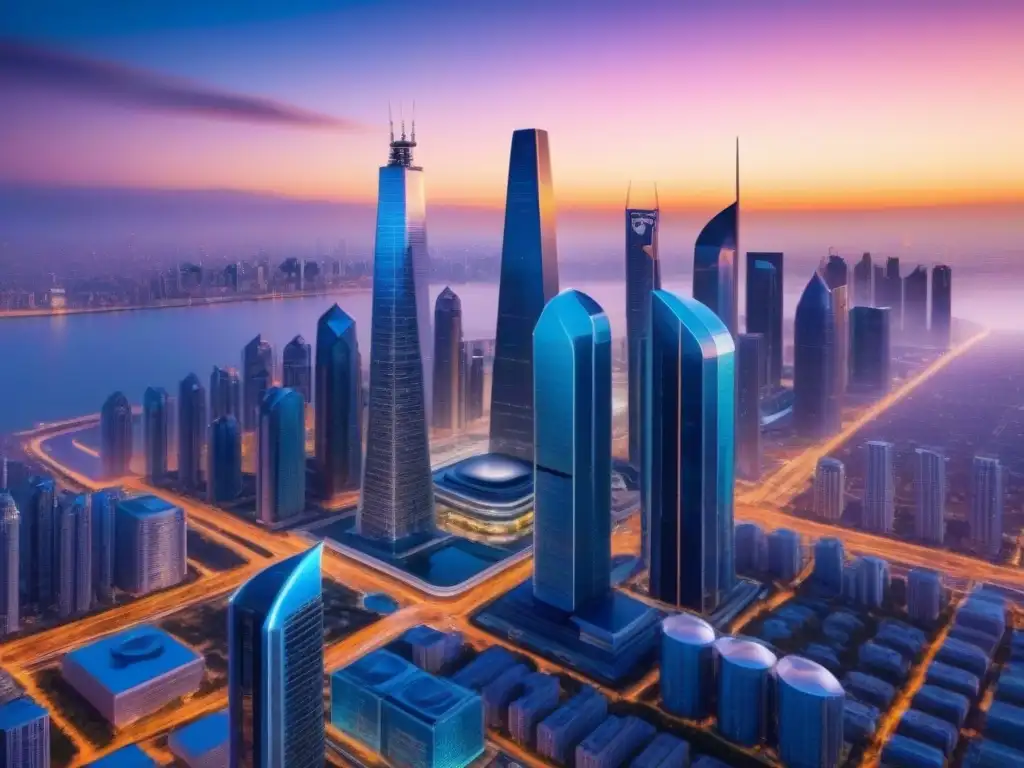 Horizonte futurista: ciudad global innovadora al atardecer Un paisaje urbano futurista con rascacielos iluminados y transporte avanzado al anochecer