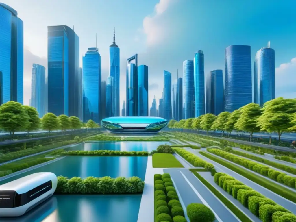 Metrópolis futurista: tecnología y naturaleza en armonía Un paisaje urbano futurista con rascacielos, parques verdes y tecnología inteligente integrada