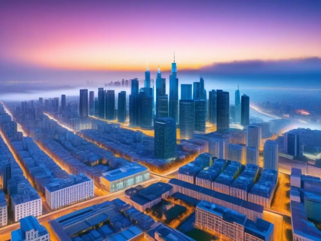 Metrópolis Futurista: Big Data en la Industria Inmobiliaria Un paisaje urbano futurista con rascacielos brillantes y datos digitales proyectados