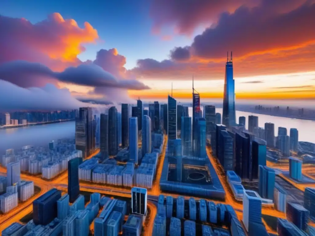 Metrópolis futurista con tecnología en la nube integrada Un paisaje urbano futurista con rascacielos conectados y tecnología de nube integrada, reflejando la gestión inmobiliaria en plataformas en la nube