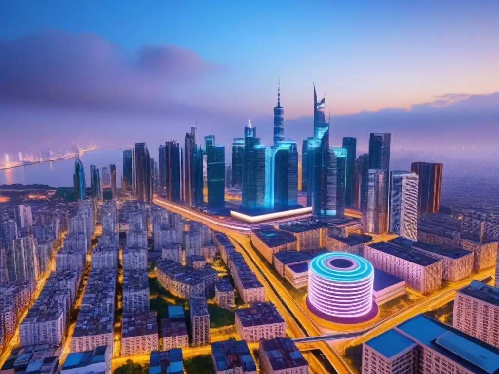 Metrópolis futurista: luces neón y tecnología eco en la ciudad del mañana Un paisaje urbano futurista con rascacielos iluminados por luces de neón, IoT y tecnología